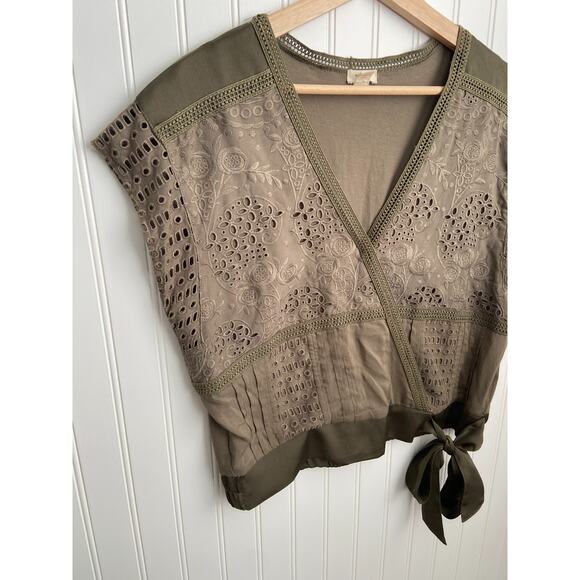 Anthropologie Tiny Cara Wrap Top Olive Women’s Size Small Blouse, Lace, Tie - Picture 3 of 5